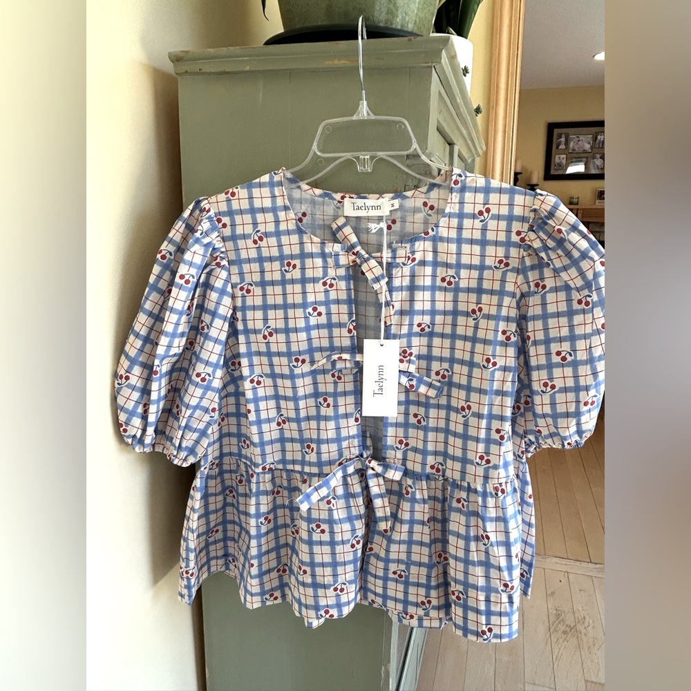 Taelynn Women's Blue Plaid Cherry Blouse with Bow Detail, Size Medium, NWT